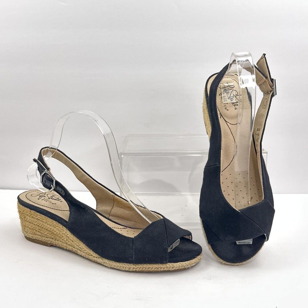 Life Stride Black Espadrille Wedge Slingback Sandals